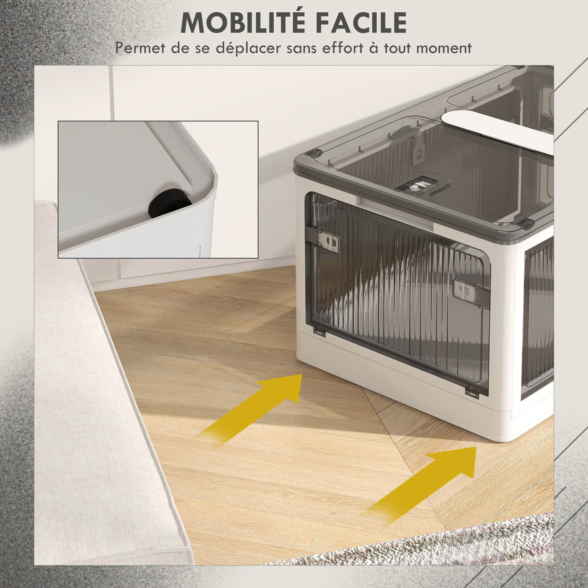 Boîte de rangement plastique 69L pliable empilable couvercle 4 roulettes accès 5 côtés blanc gris