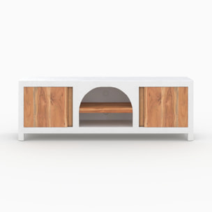 Meuble TV en béton blanc cassé et bois d'acacia 145 cm - Fira