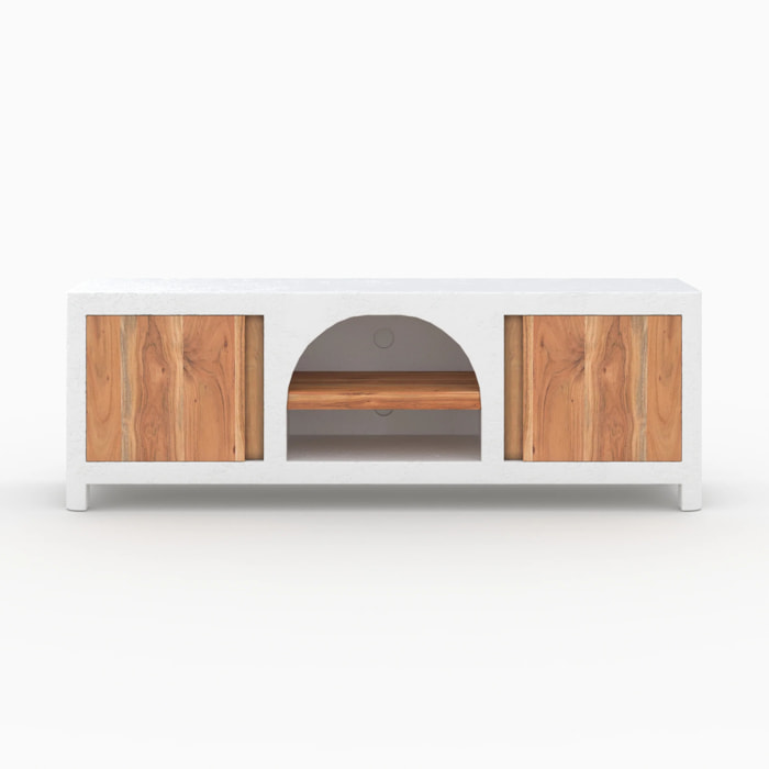 Meuble TV en béton blanc cassé et bois d'acacia 145 cm - Fira