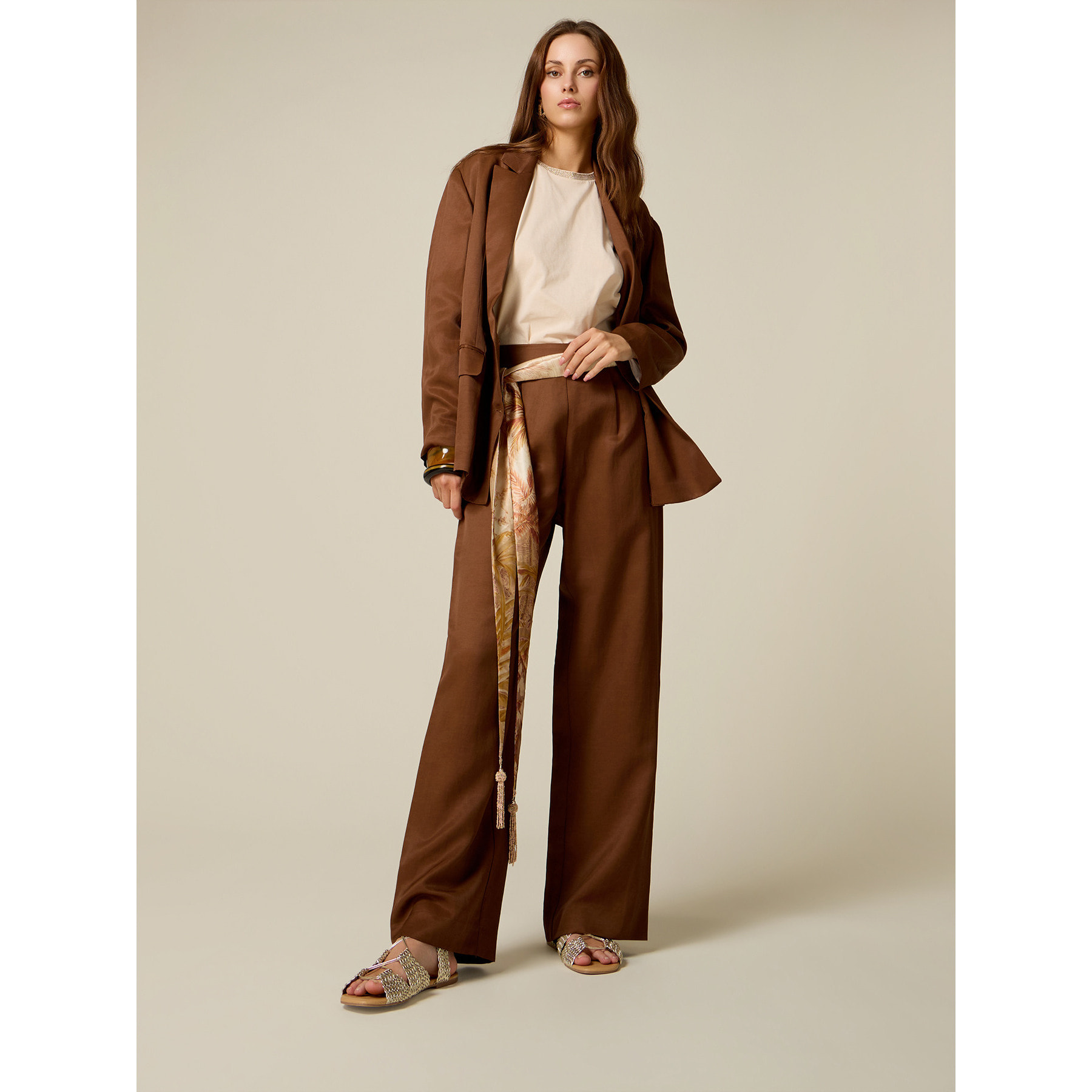 Oltre - Pantaloni palazzo in twill misto lino - Marrone