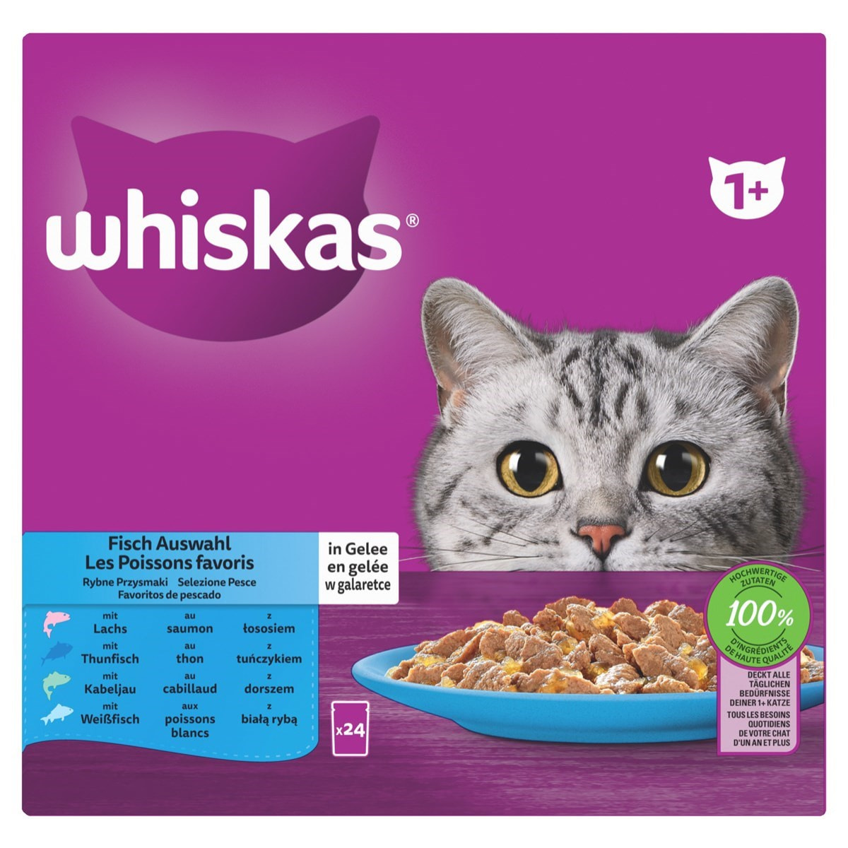 WHISKAS 96 Sachets fraîcheur en gelée 4 variétés poissons pour chat 85g (4x24)