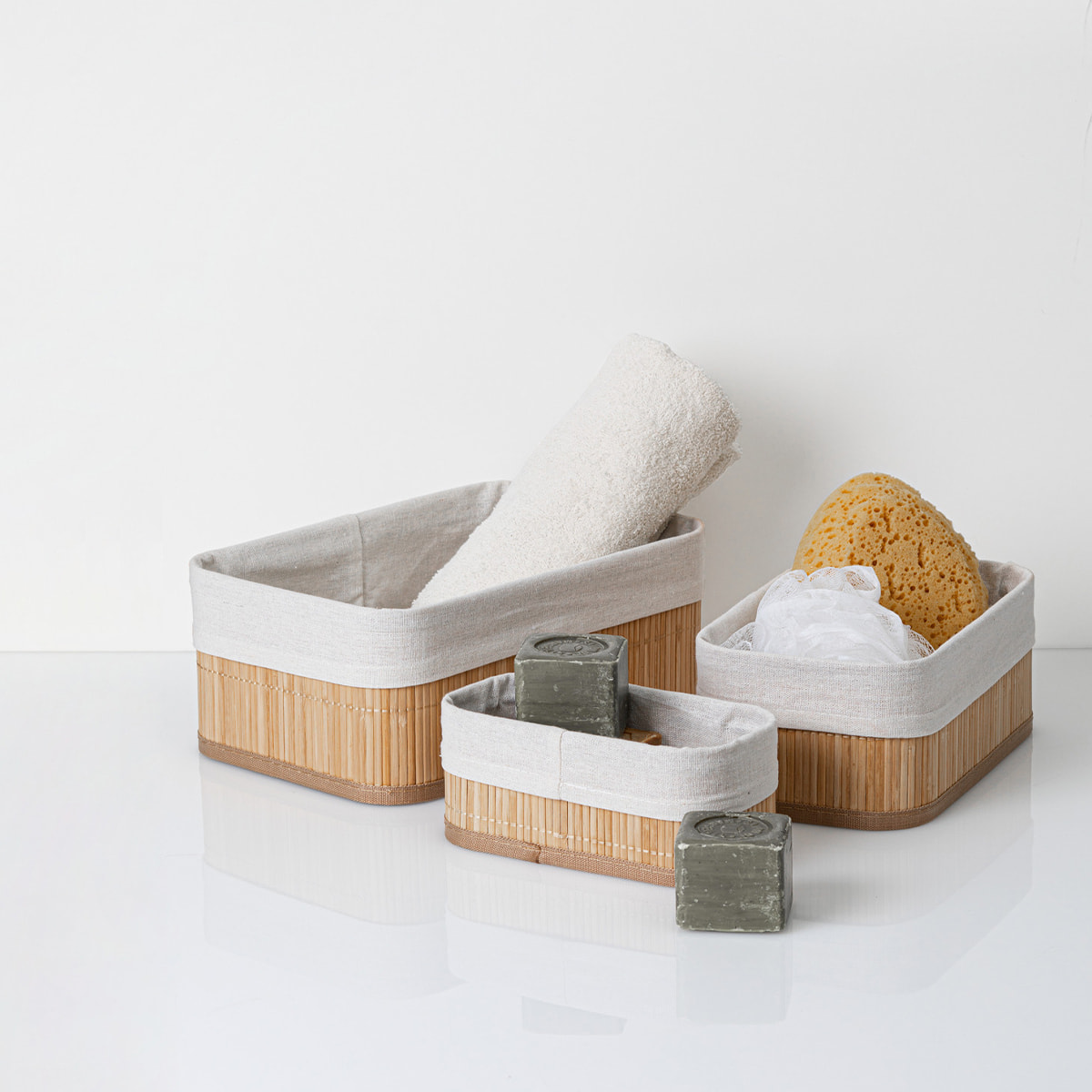 3 paniers bambou tissu blanc Vannerie