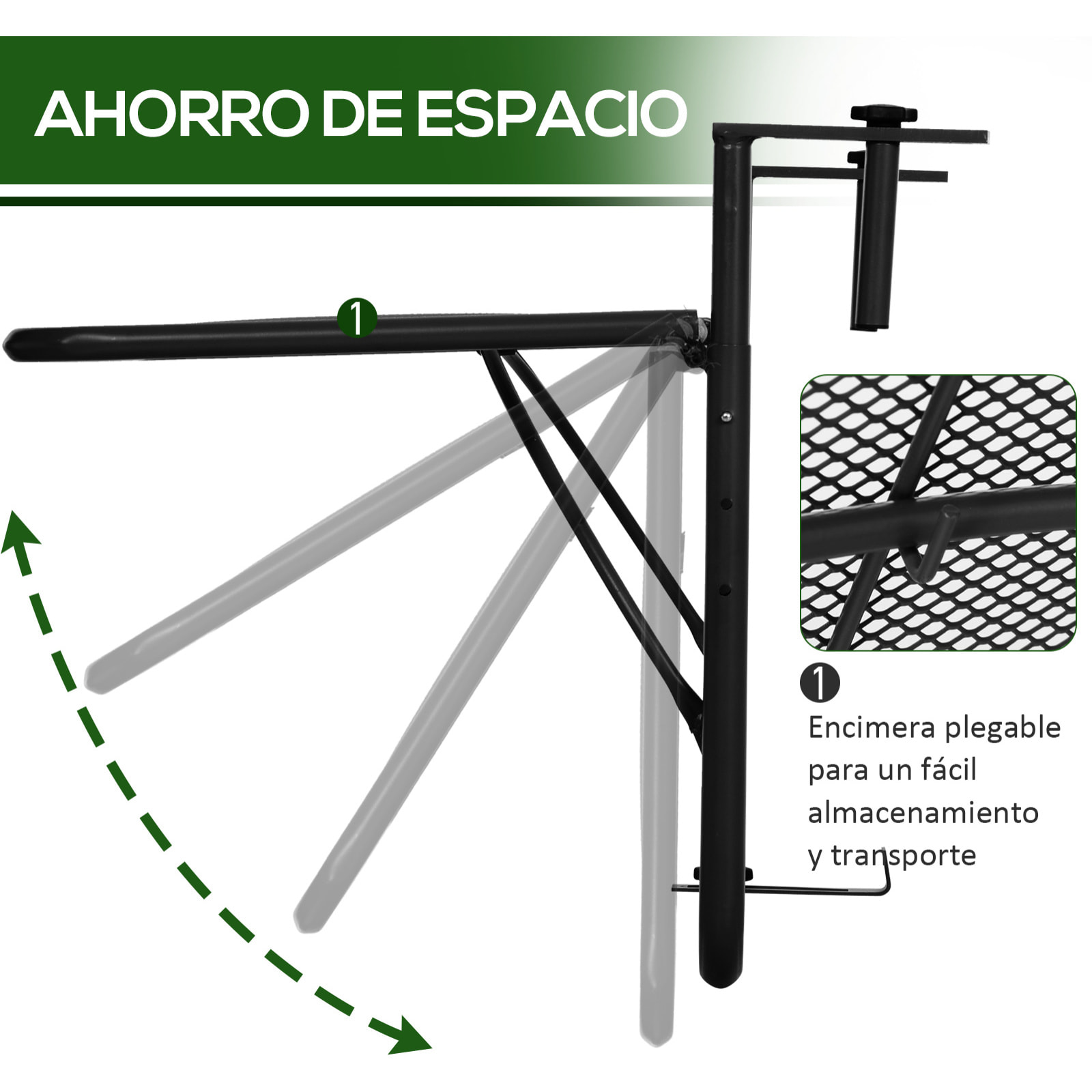 Mesa Colgante de Balcón con Brazo Regulable y Altura Ajustable en 3 Posiciones Marco Metálico Carga Máx. 30 kg 60x56x50 cm Negro