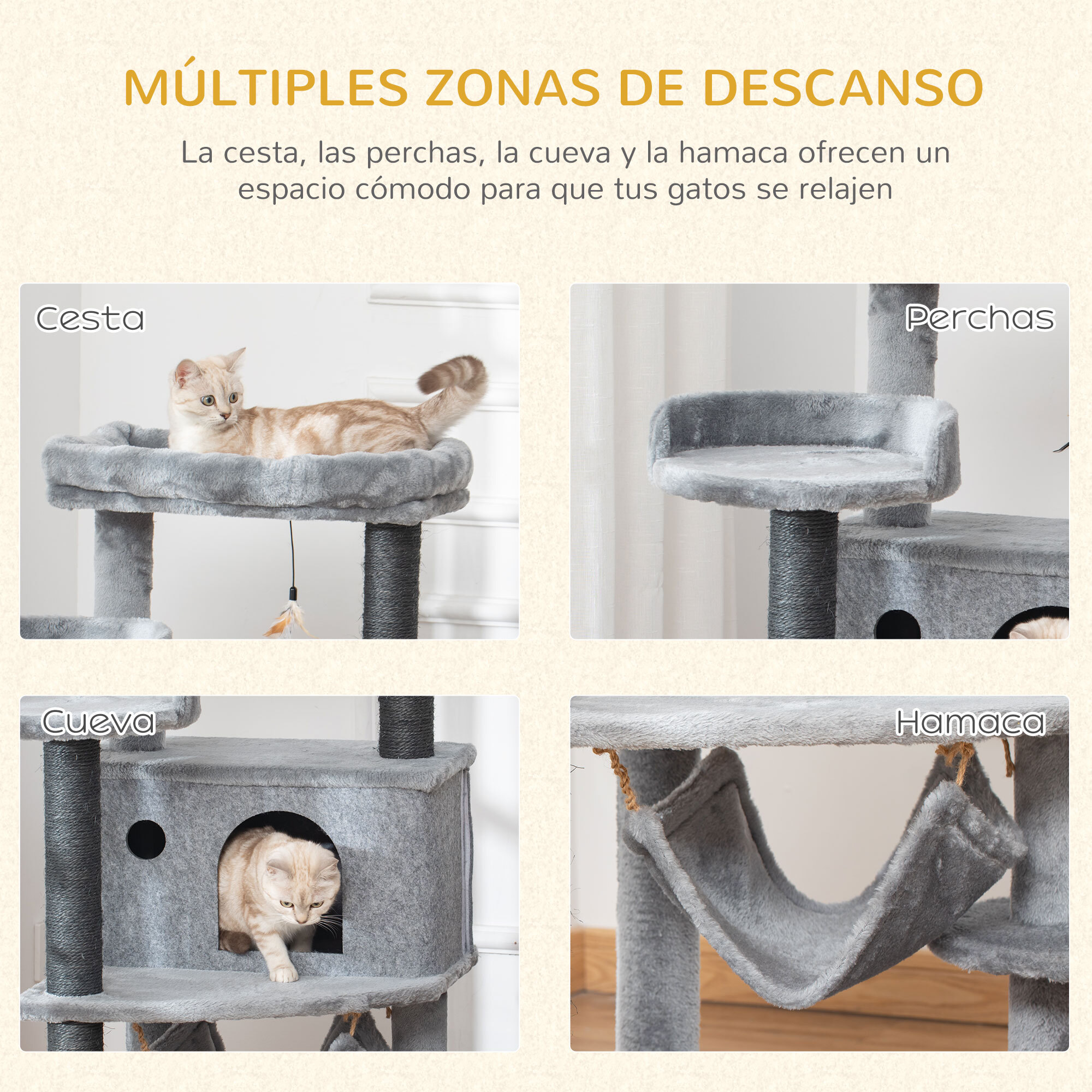 Árbol Rascador para Gatos 48x48x107 cm con Cueva de Fieltro Desmontable Hamaca Camas de Felpa Múltiples Plataformas Postes Rascadores de Sisal y Juguetes Gris