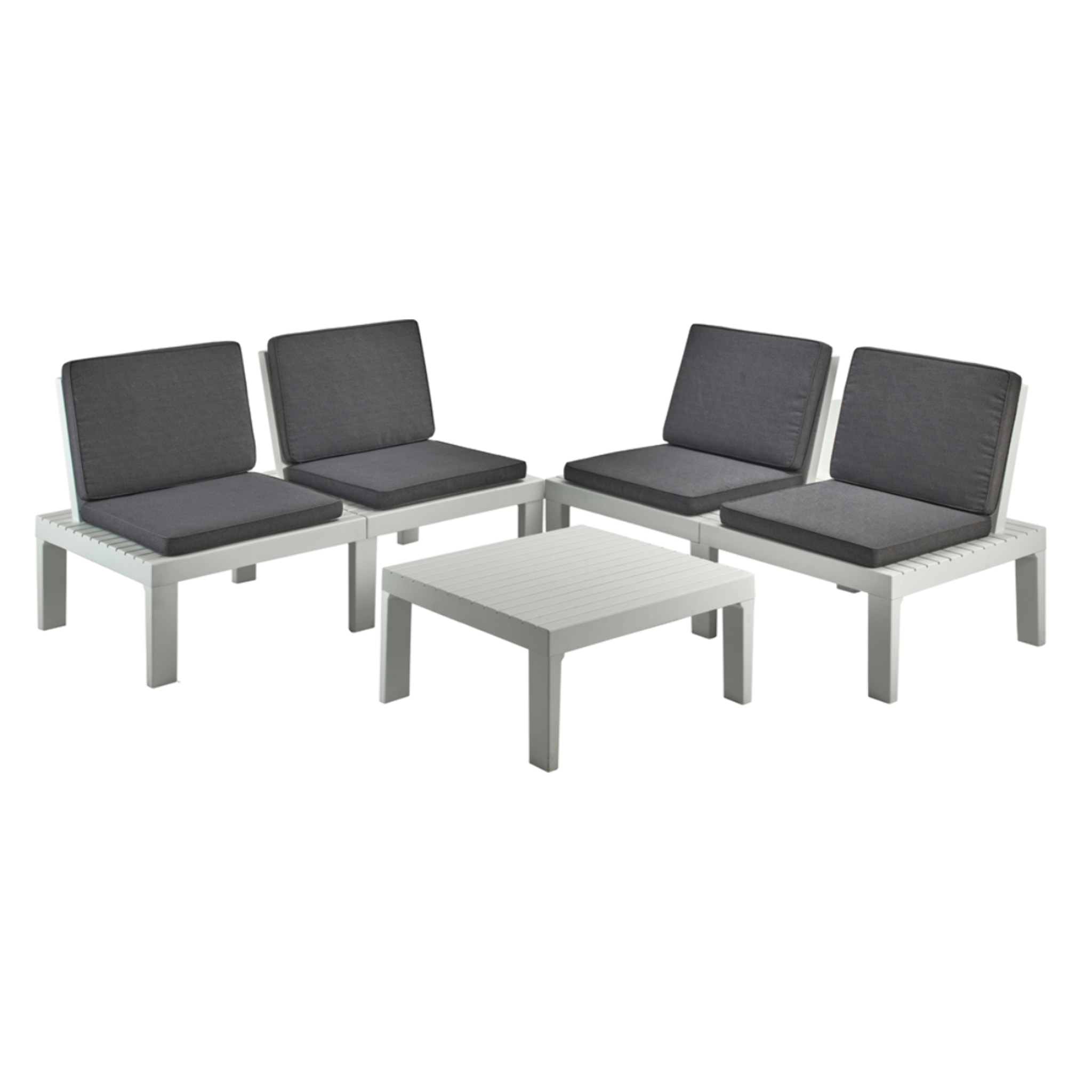 Set salotto da esterno Ermes, Composizione da giardino con 4 sedute con schienale ed 1 modulo multifunzione, Salottino con cuscini, 100% Made in Italy, Bianco