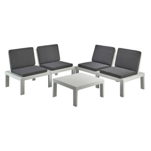 Set salotto da esterno Ermes, Composizione da giardino con 4 sedute con schienale ed 1 modulo multifunzione, Salottino con cuscini, 100% Made in Italy, Bianco