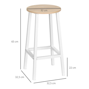 HOMCOM Juego de 2 Taburetes Altos de Cocina Taburetes de Bar con Patas de Acero y Reposapiés para Salón Comedor Bar Carga 75 kg 32,5x32,5x65 cm Natural y Blanco