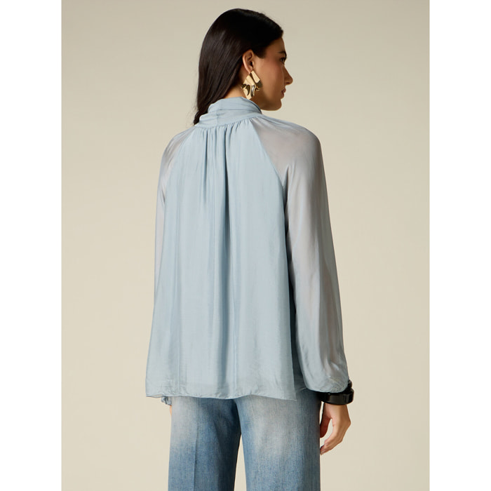 Oltre - Blusa in voile misto seta con fiocco - Azzurro