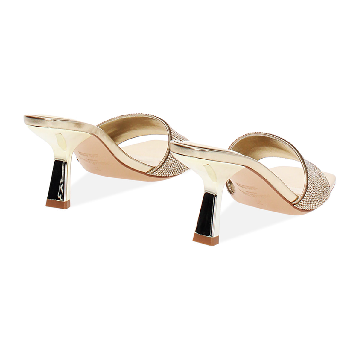 Mules open toe para mujer doradas en laminado y piedras