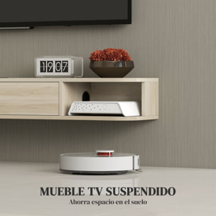 Mueble de TV Suspendido, Mueble de TV para Salón con Cajón Abatible, 2 Estantes Abiertos, Gestión de Cables, Estilo Moderno, para Televisión 60 Pulgadas, 140x24x16 cm, Madera Natural