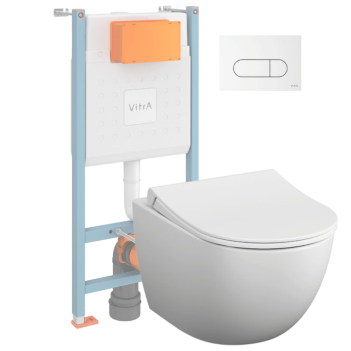 Pack WC suspendu VITRA Sento blanc mat + bâti autoportant V-Fix Core + Plaque Round Blanche