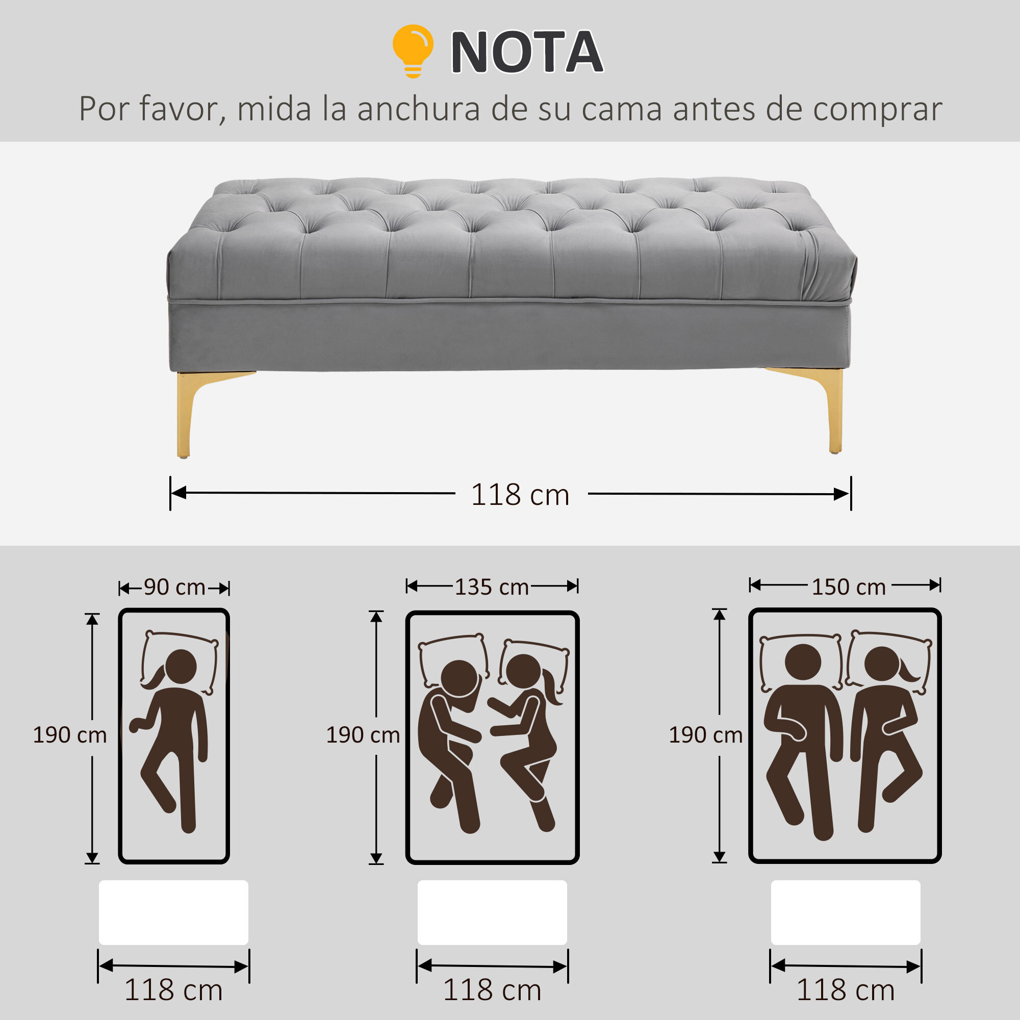 Banco Pie de Cama Taburete Pie de Cama con Asiento Acolchado y Patas Metálicas Banqueta de Dormitorio para Entrada Pasillo Carga 120 kg 118x45x42 cm Gris