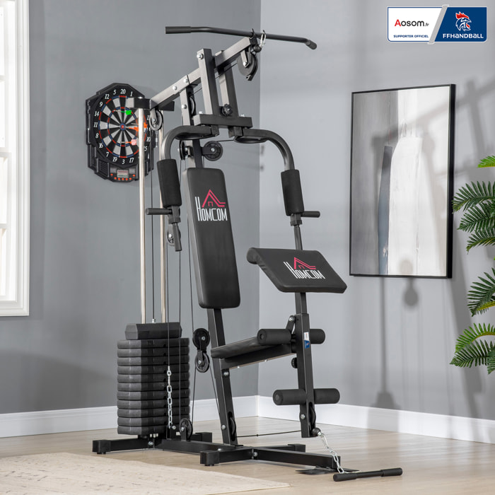 Station de musculation - entrainement complet - développé couché, butterfly, barre latissimus, curler, bande résistance - 12 contrepoids - acier noir