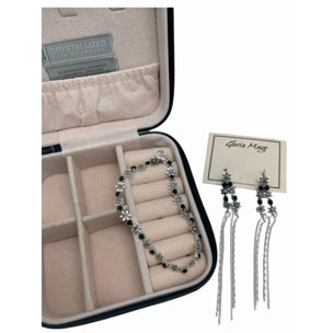 Joyero de viaje y Conjunto de Swarovski pendientes largos y pulsera con detalles de flor. Plata de ley 7-10 micras en color negro