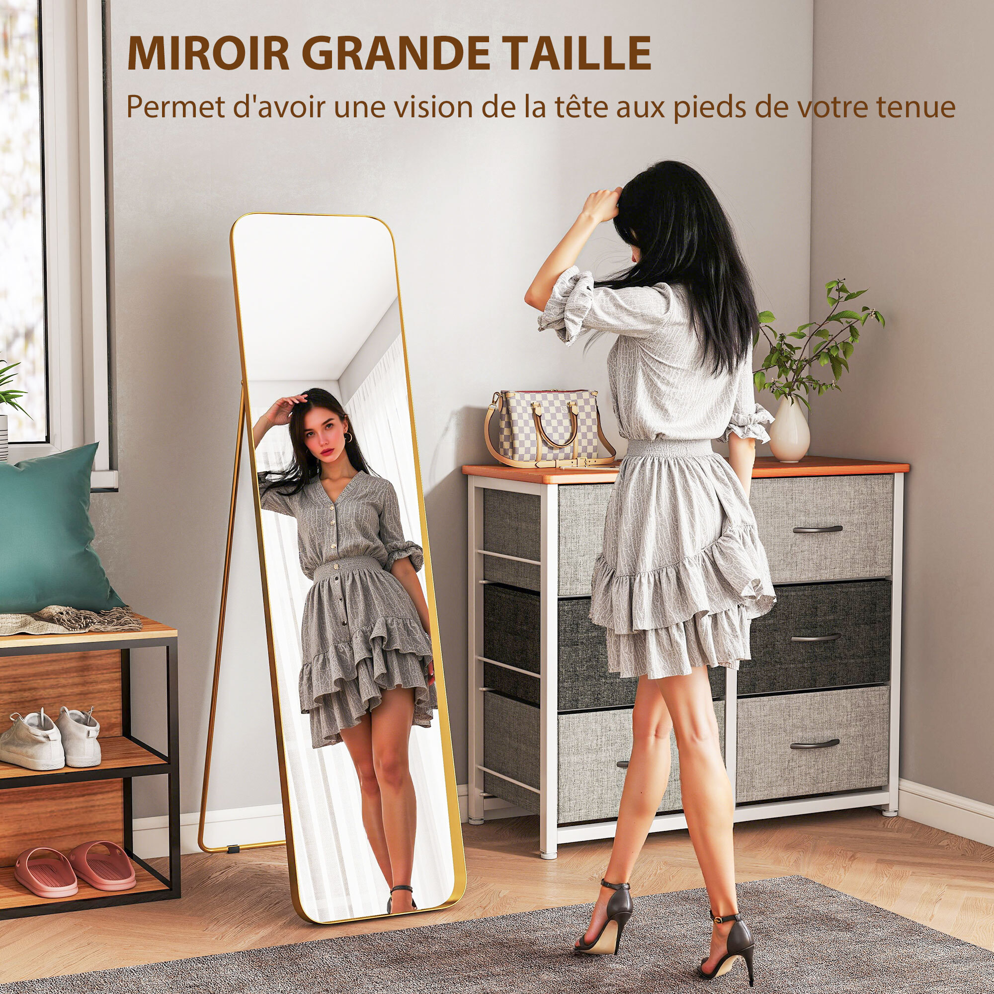Miroir sur pied design métal doré dim. 40 x 160 cm autoportant ou à adosser