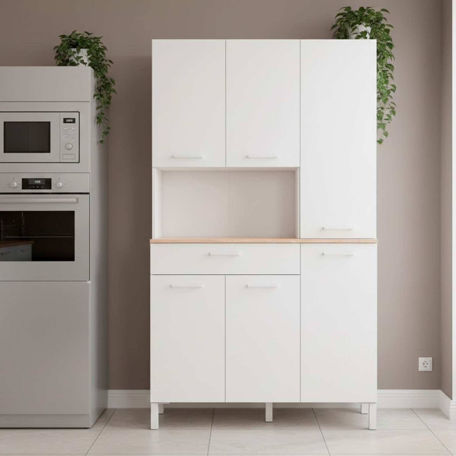Mobile Dispensa Alto Per Cucina Microonde Credenza Madia Colonna Con 5 Ante e Cassetto Mobiletto Ausiliare Design 108 x 40 x 186 Cm Bianco e Rovere