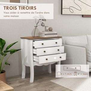 Commode style néo-rétro 3 tiroirs poignées boutons bois MDF panneaux blanc