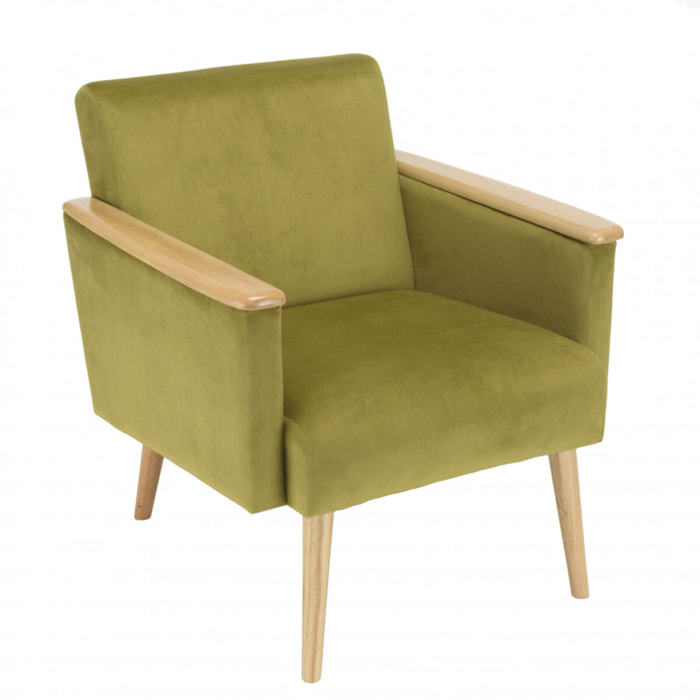 ALBANE - Fauteuil velours vert clair pieds et accoudoirs bois