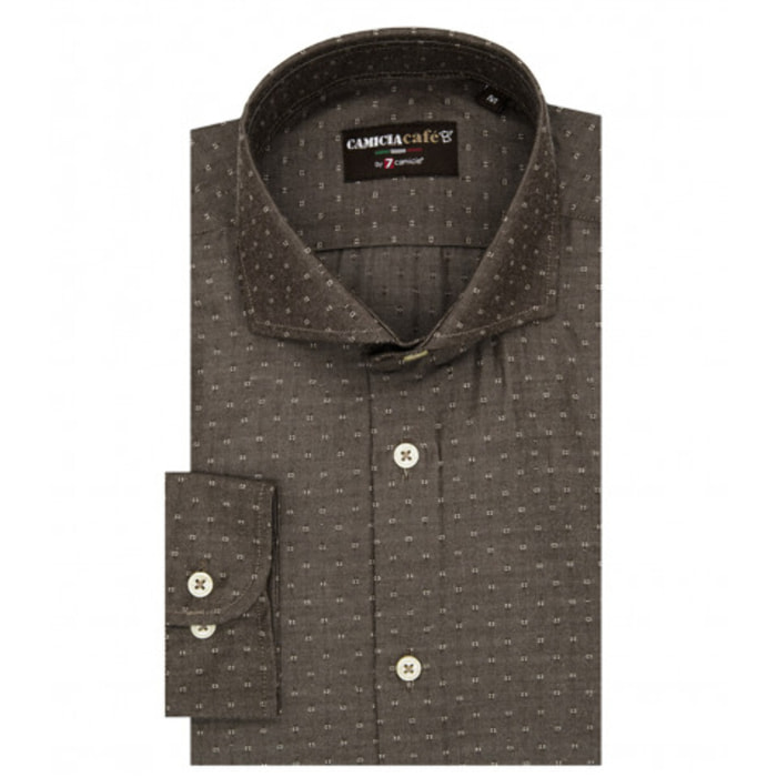 Camicia Uomo 1 Bottone Francese Slim Cotone Poliestere Jacquard Marrone