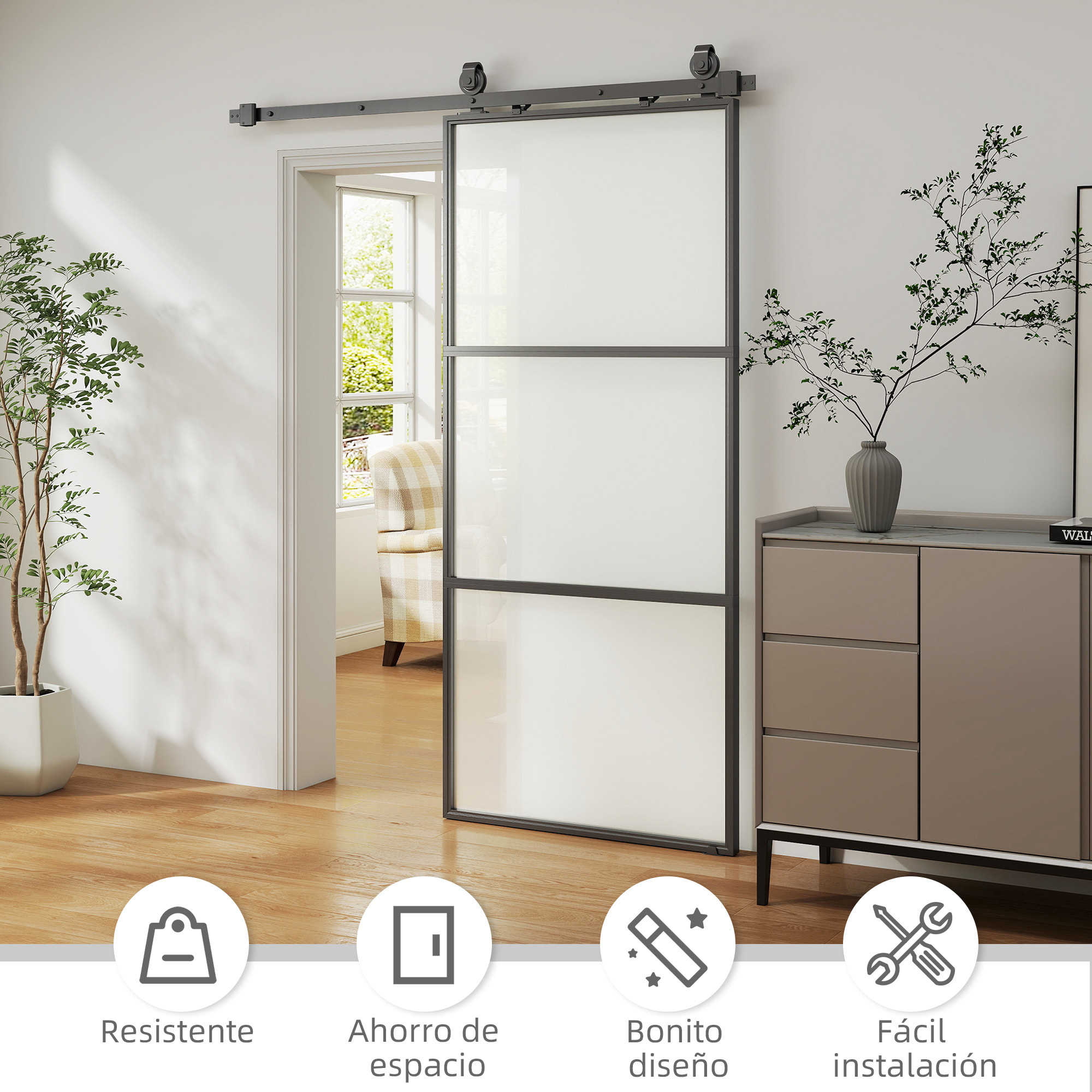 Puerta Corredera con Herrajes Puerta Corredera de Cristal con Mecanismo Cierre Suave para Baño Salón Sala de Estar Cocina 91,4x203,2 cm Negro