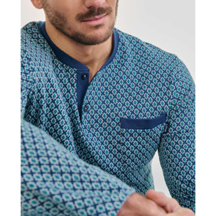 Pijama hombre, Jacquard de diseño geométrico, escote con abertura de botones, manga larga y pantalón largo liso