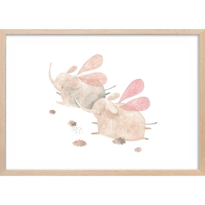 Affiche enfant elephants libellule  Affiche + cadre en bois - Chêne