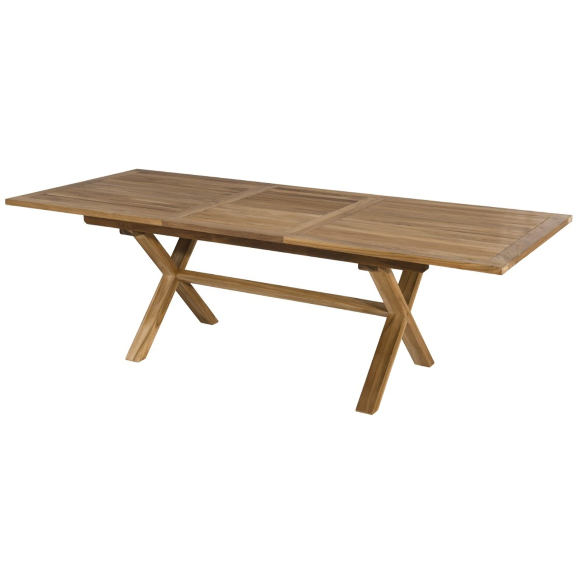 FUN - SALON DE JARDIN BOIS TECK 8/10 pers - 1 Table rect. extensible pieds croisés 180*240/100 cm - 6 chaises textilène taupe