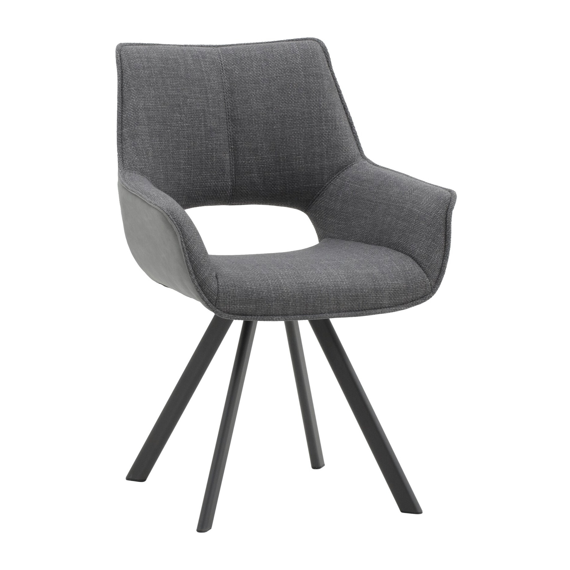 Set di 4 sedie MONTMARTRE in similpelle grigio, tessuto grigio e gambe in metallo nero, con braccioli