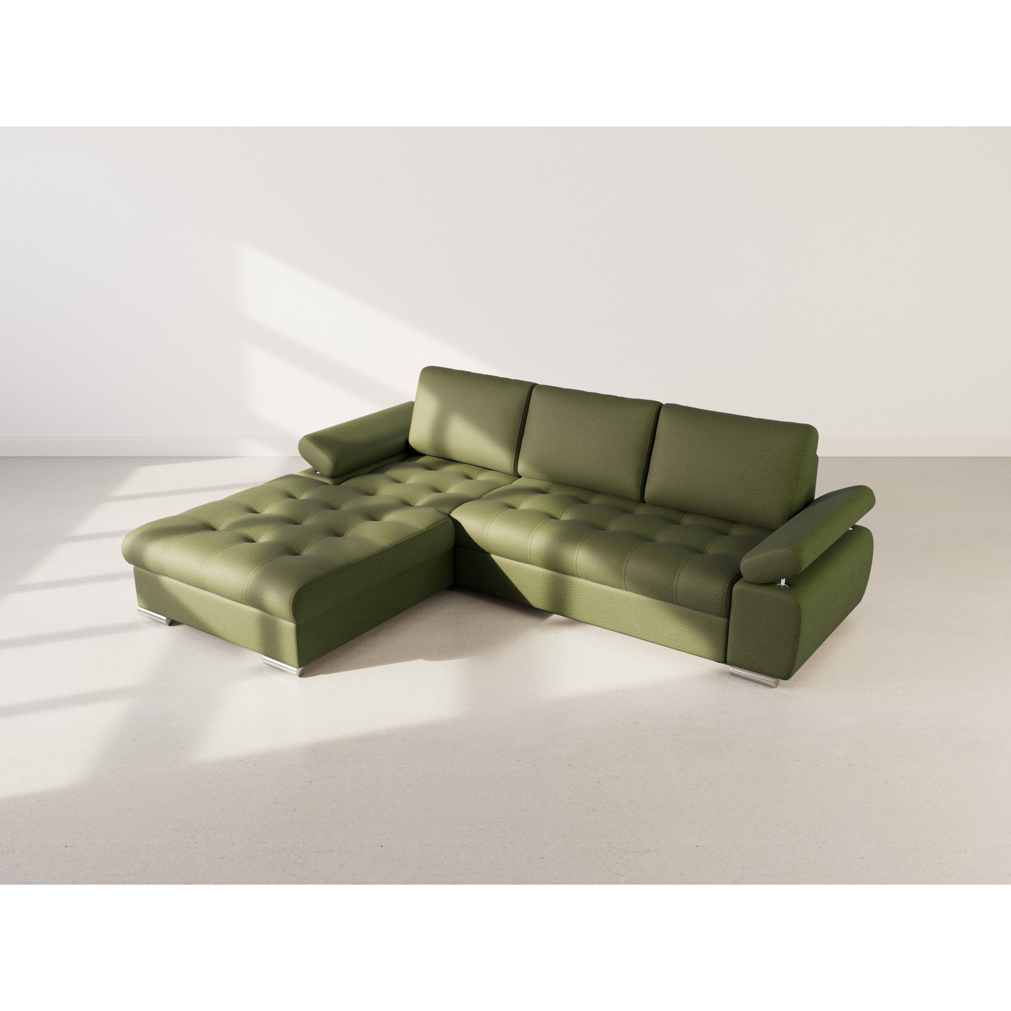 Bianca - Canapé d'angle gauche 4 places convertible avec coffre en tissu texturé - Vert