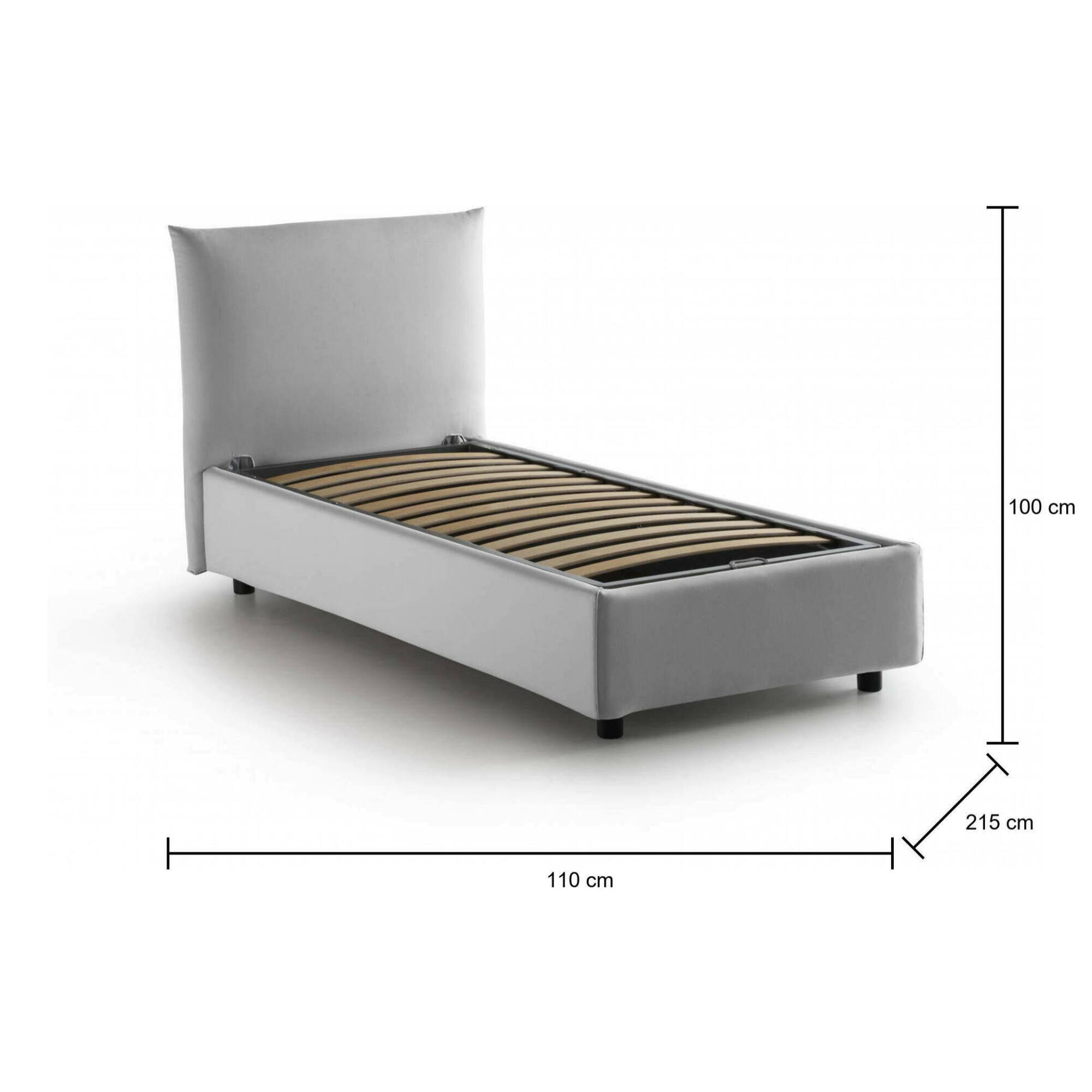 Letto singolo Clarissa, Letto contenitore con rivestimento in tessuto, 100% Made in Italy, Apertura frontale, adatto per materasso Cm 80x190, Bianco