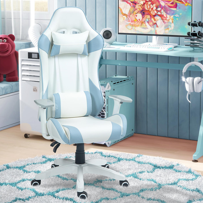 Silla Gaming Reclinable Silla Gamer Giratoria Silla de Oficina Basculante con Cojín Lumbar Reposabrazos 3D Reposacabezas Extraíble y Altura Ajustable 67x60x120-128 cm Blanco y Azul