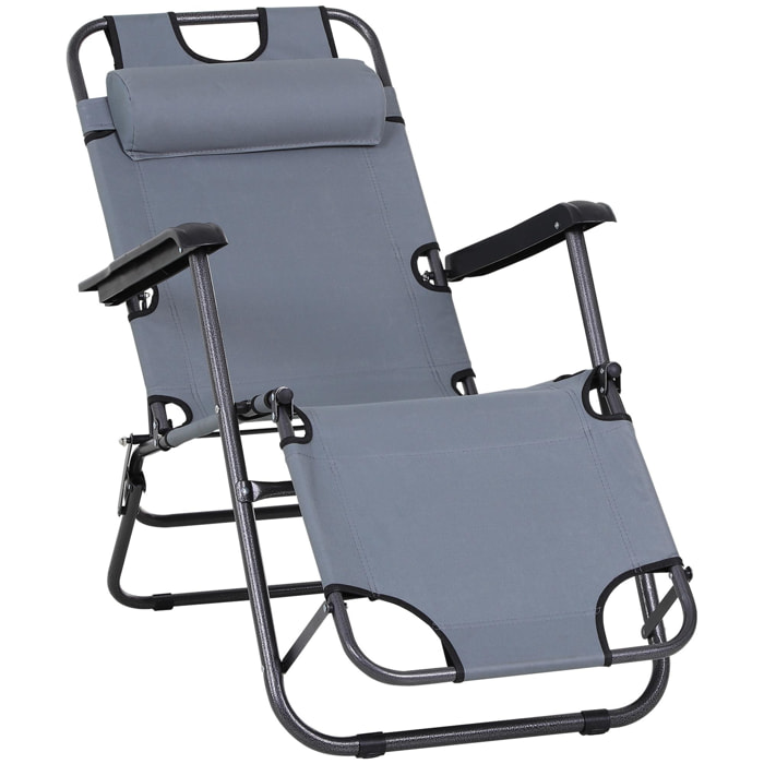 Chaise longue inclinable transat bain de soleil 2 en 1 pliant têtière amovible charge max. 136 Kg toile oxford facile d'entretien gris clair