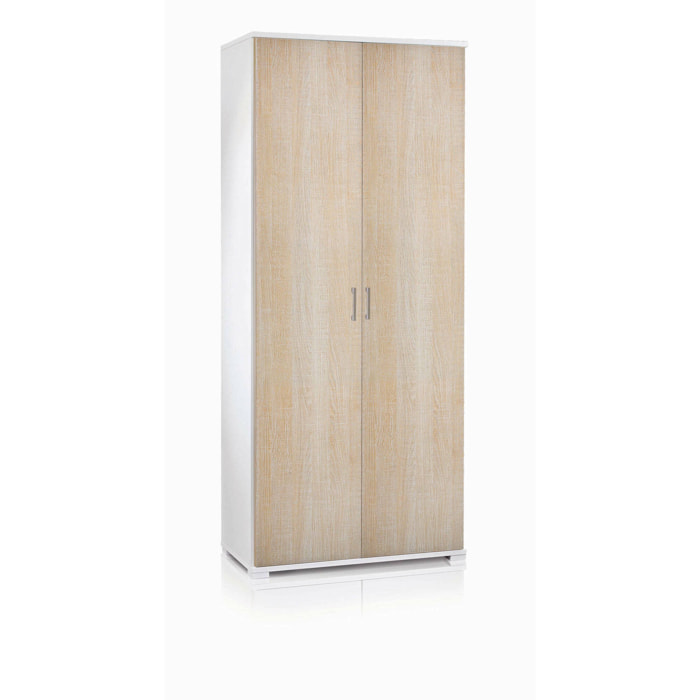 Armadio multiuso Aliosha, Mobile lineare a 2 Ante battenti, Guardaroba a 4 ripiani regolabili, Scarpiera moderna, 100% Made in Italy, 90x45h195 cm, Rovere e Bianco