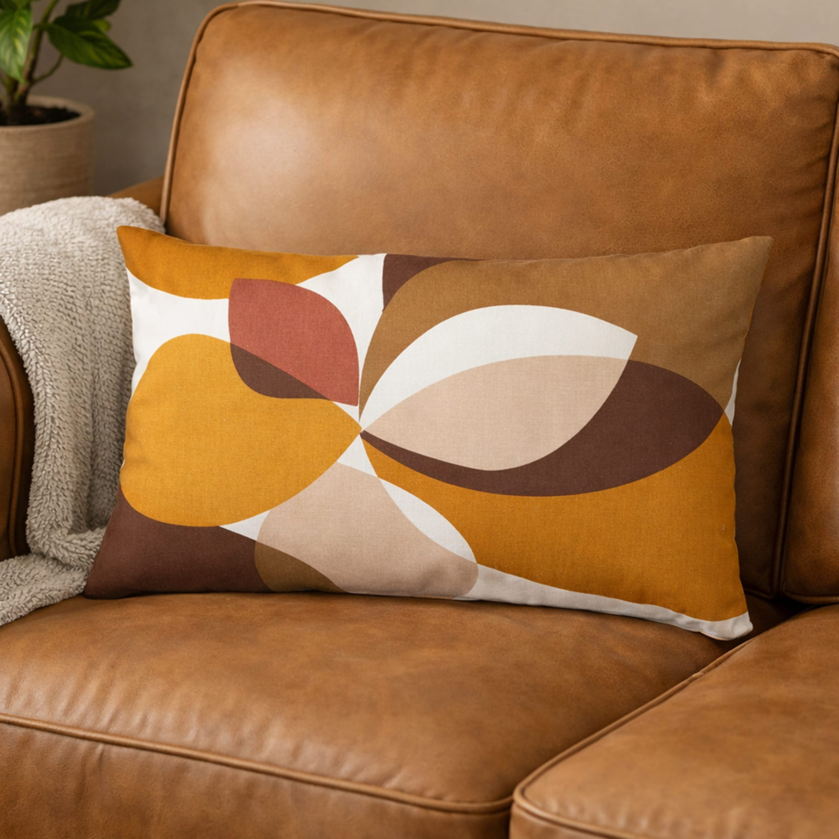 Coussin décoratif rectangulaire en polycoton imprimé géométrique - Marron