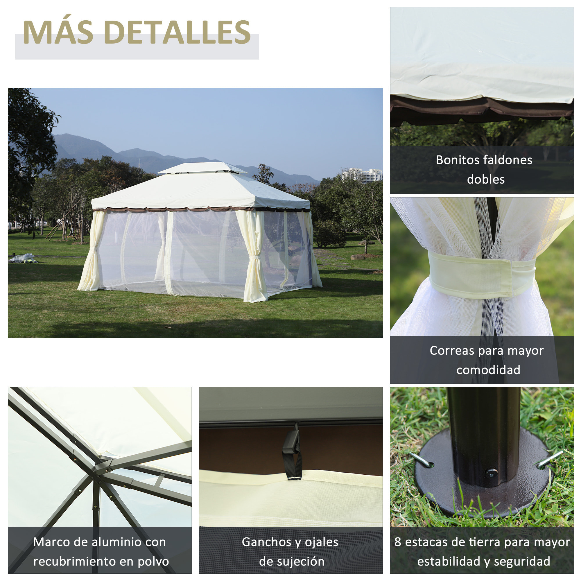 de Jardín 4x3 m, Pabellón de Jardín Gazebo con Doble Techo, 4 Cortinas y Mosquitera, Marco de Aluminio, Orificios de Drenaje, UPF50+, Carpa para Exterior, Terraza, Patio, Blanco Crema