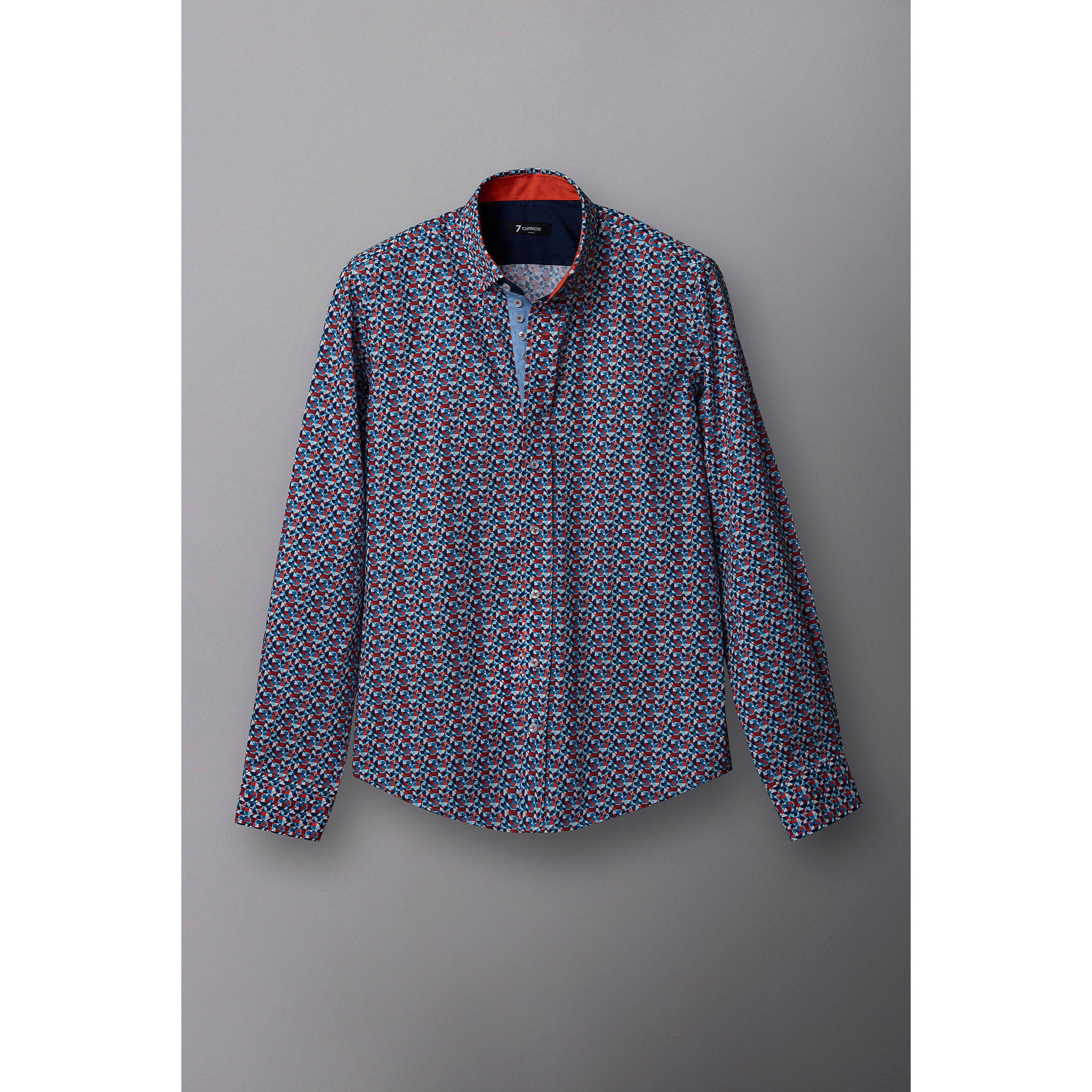 Camicia Uomo 1 Bottoni Button Down Slim Popeline Stampato Bianco/Celeste