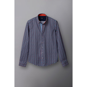 Camicia Uomo 1 Bottoni Button Down Slim Popeline Stampato Bianco/Celeste