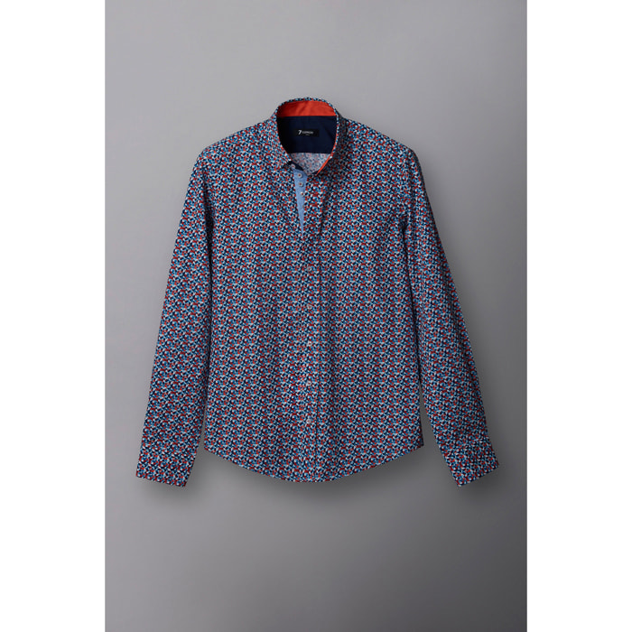 Camicia Uomo 1 Bottoni Button Down Slim Popeline Stampato Bianco/Celeste