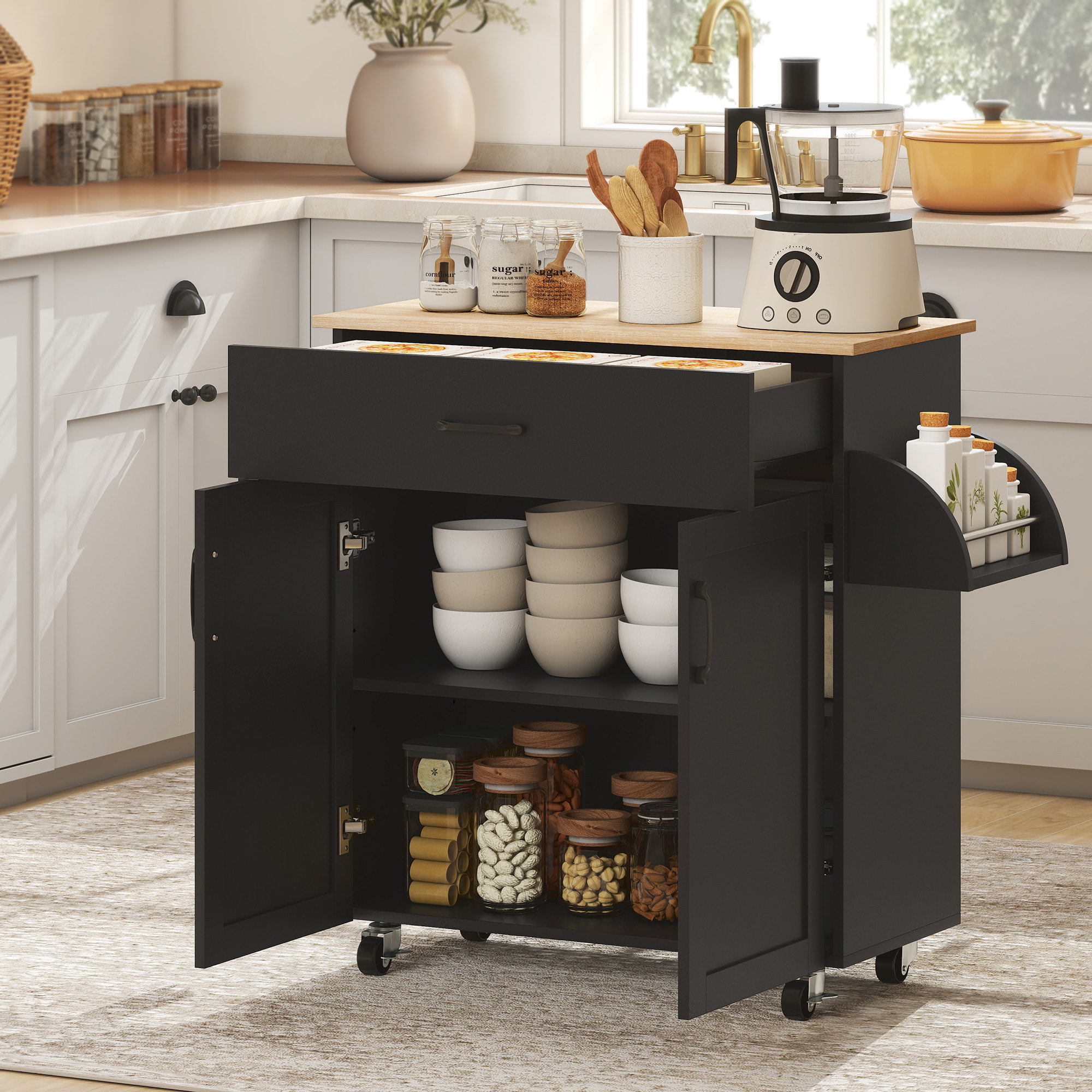 Desserte de cuisine 2 portes avec étagère tiroir coulissant porte-torchons étagère épices noir aspect chêne clair