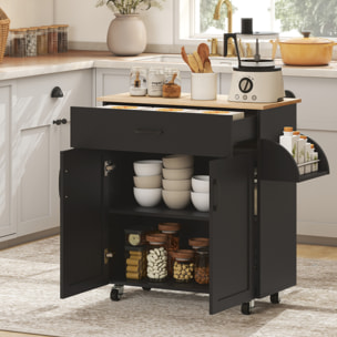 Desserte de cuisine 2 portes avec étagère tiroir coulissant porte-torchons étagère épices noir aspect chêne clair