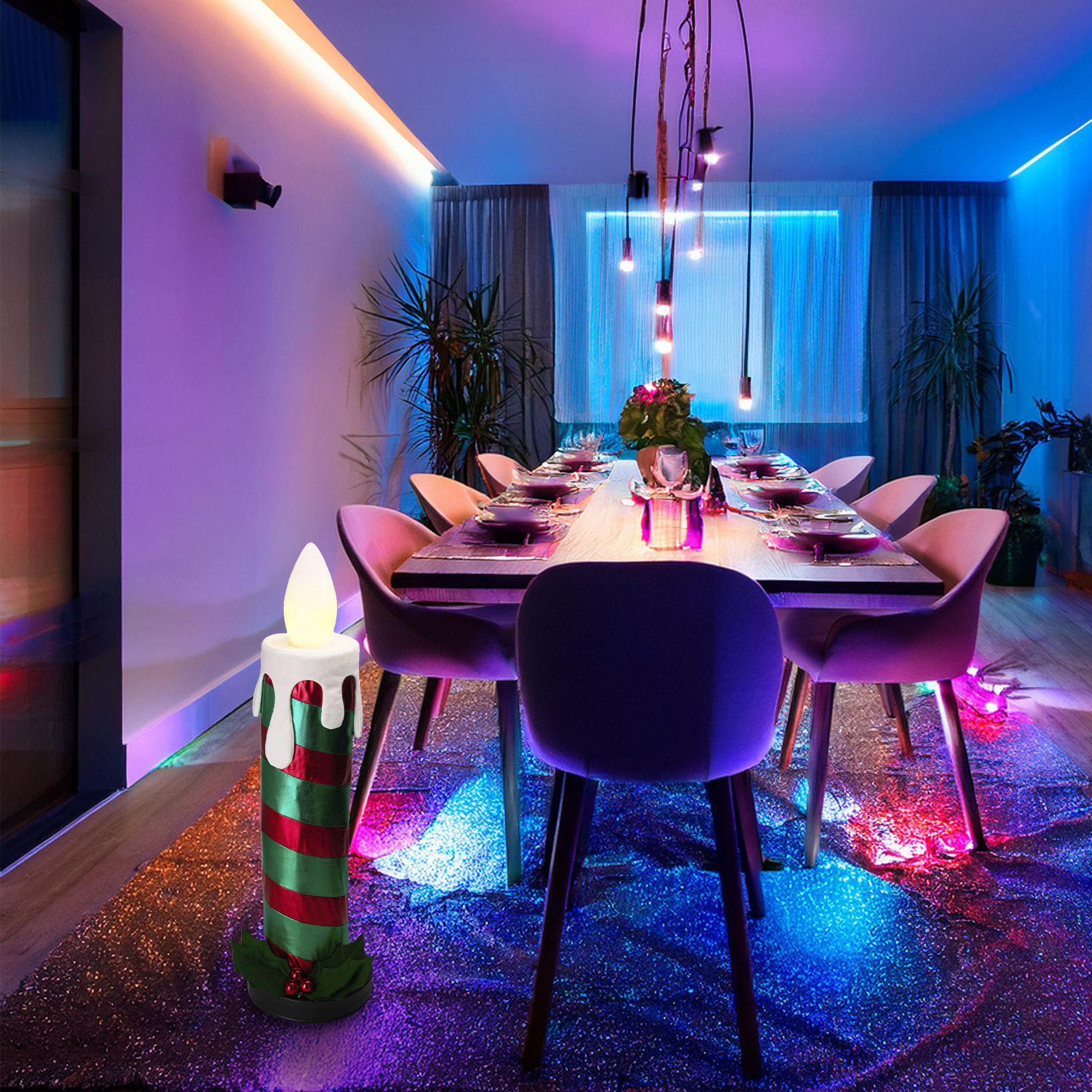 vela plegable de 90cm con luces de llama, color verde y con música