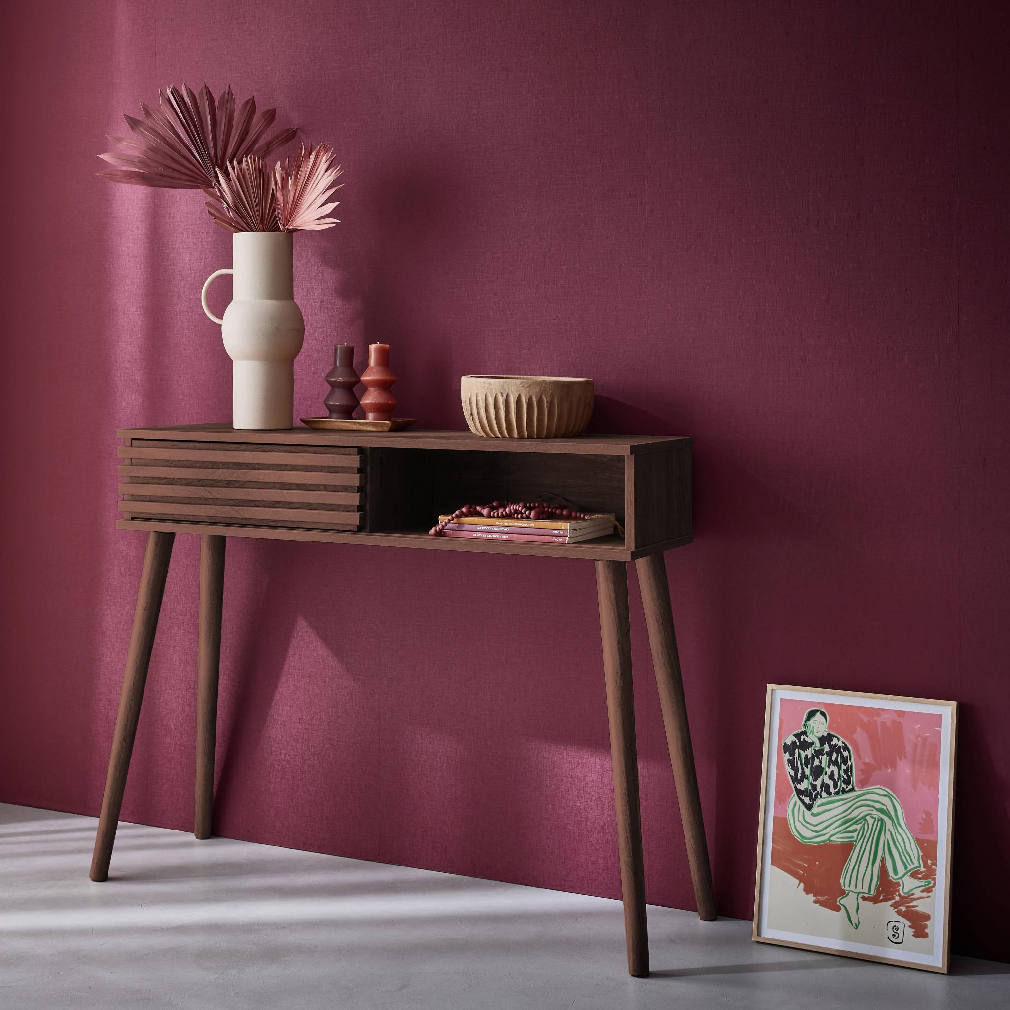 Console scandinave effet bois noyer avec 1 porte coulissante rainurée 2 niches de rangement