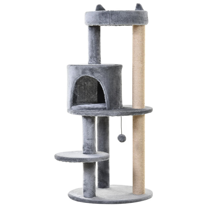Arbre à chats multi-équipements griffoirs grattoirs plateformes niche jeu boule suspendue Ø 48 x 104H cm gris