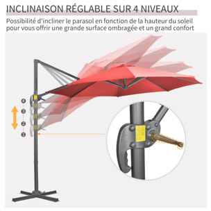 Parasol déporté octogonal inclinable manivelle avec pied en acier Ø 2,94 x 2,48H m rouge