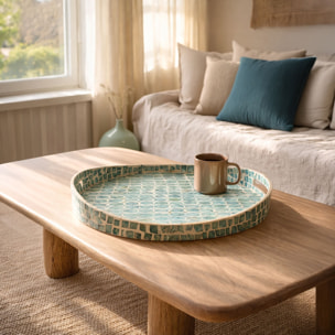 Plateau rond avec poignée en coquille de capiz bleu SOLNA