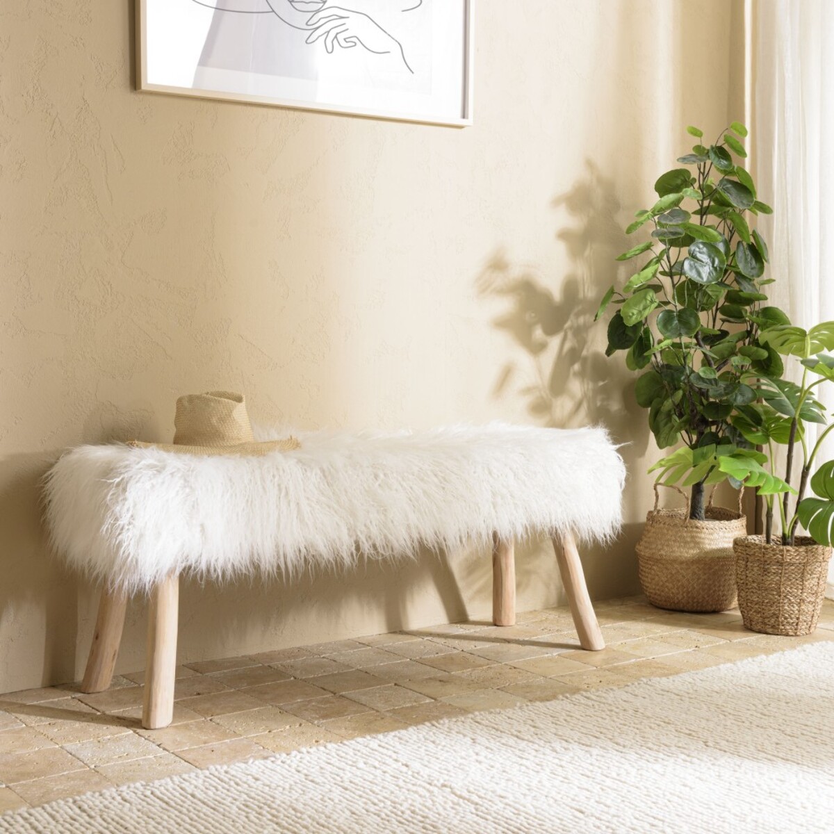 SACHA - Banc 120x40cm peau de mouton couleur ivoire pieds bois naturel