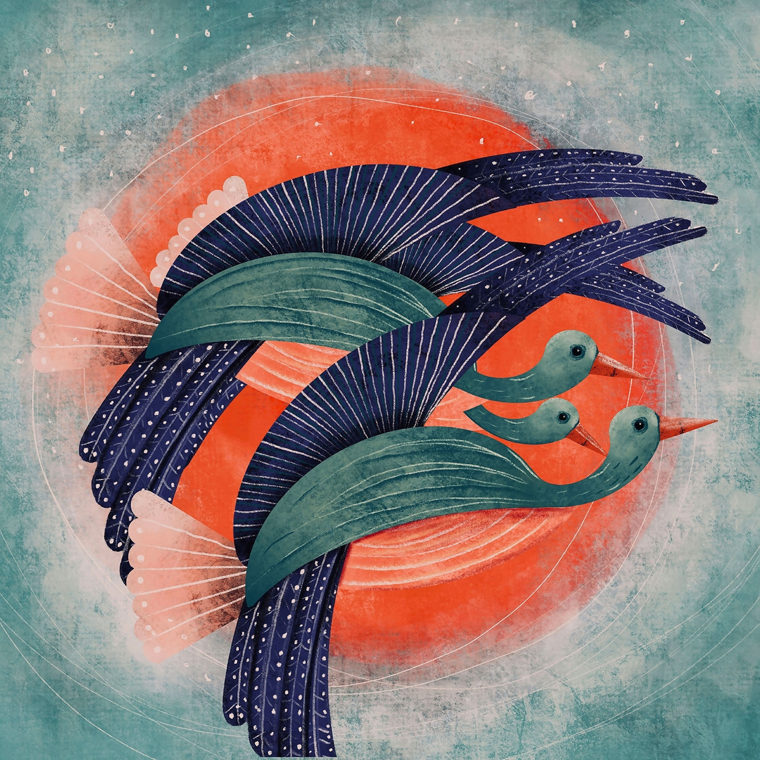 Tableau oiseau lyre et soleil rouge Toile imprimée