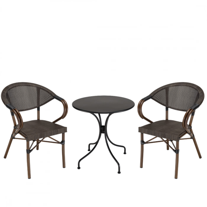 VIANNEY - Salon de jardin 2 personnes en acier - 1 table ronde 70x70cm et 2 chaises en textilène marron