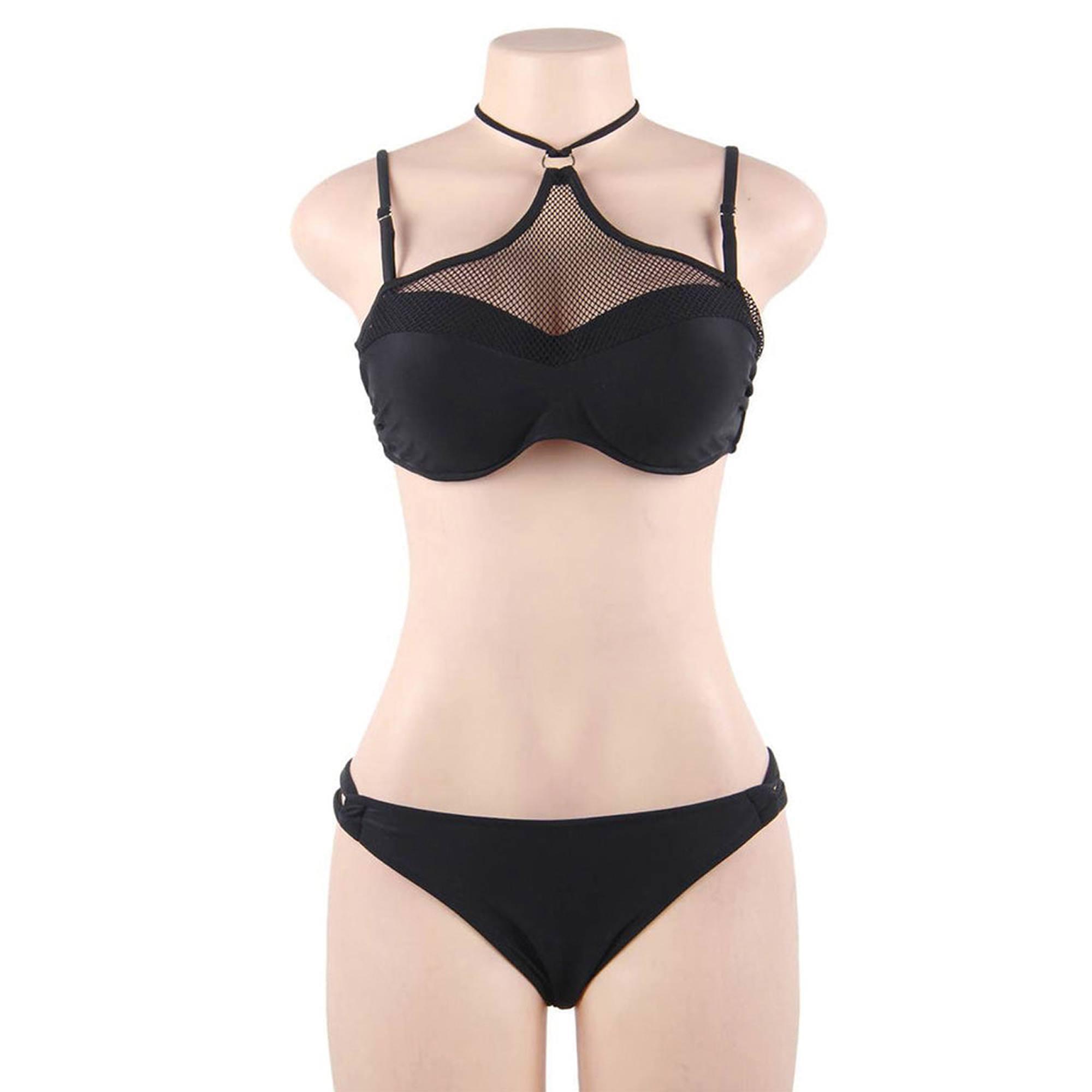 Bikini sexy negro con push up y malla con cuello elegante