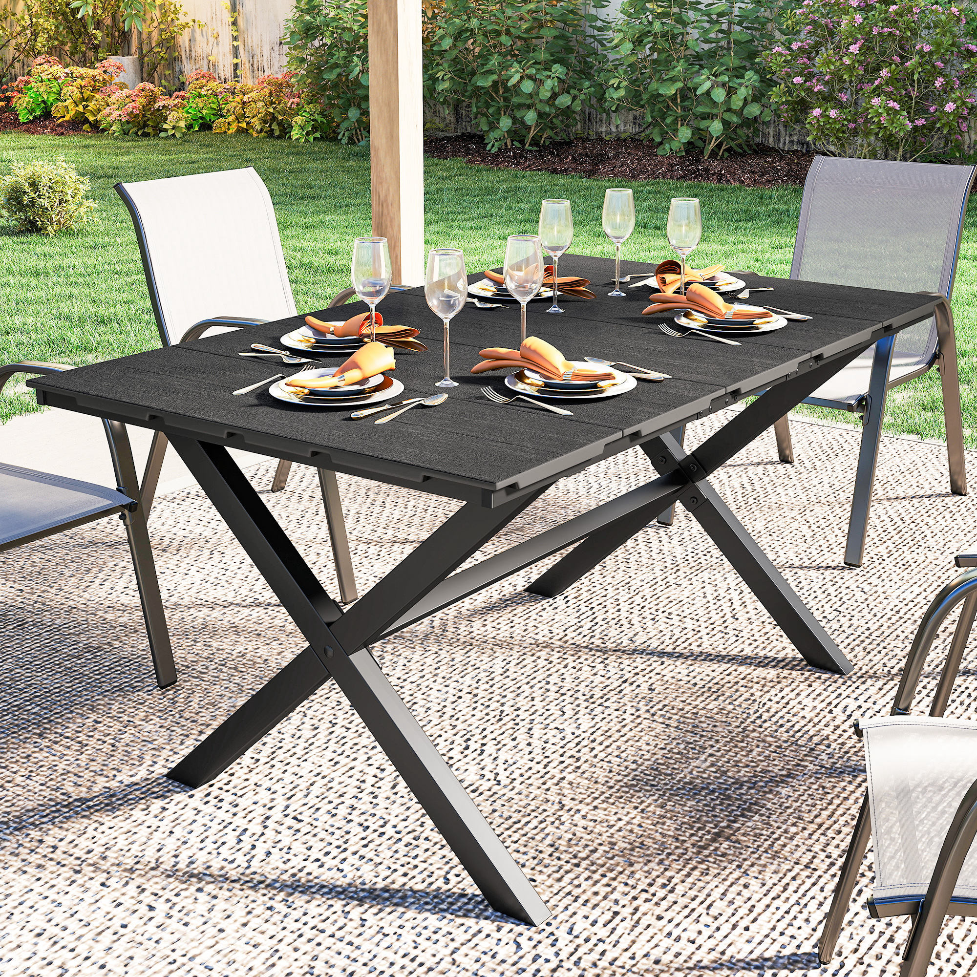 Mesa de Comedor de Jardín Rectangular, Mesa de Terraza Exterior 150x90x74 cm, con Encimera de HDPE de Listones y Estructura Metálica, para 6 Personas, Carga 50 kg, para Patio, Balcón, Negro